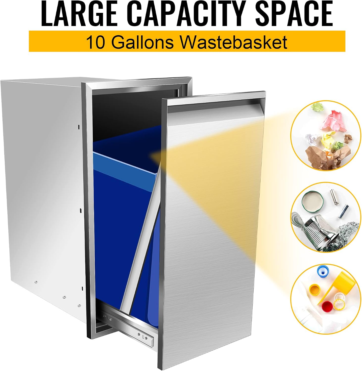 Built-in Single Trash Drawer 14' W x 27' H x 20' D, Pull-Out Tray Outdoor Kitchen Stainless Steel Trash Drawer Storage One Trash Bin for BBQ Island Grill Station