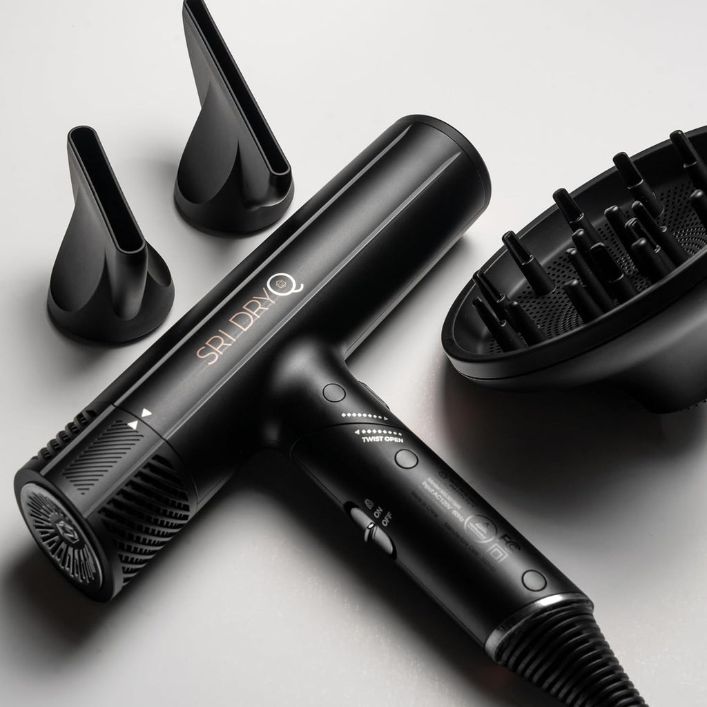 SRILabs DryQ 'Smart' Hair Dryer – Super Lightweight, Foldable – Powerful, Quiet Motor – Infrared & Ionic Technology – 3 Magnetic Attachments – Heat Control with Locking Switch
