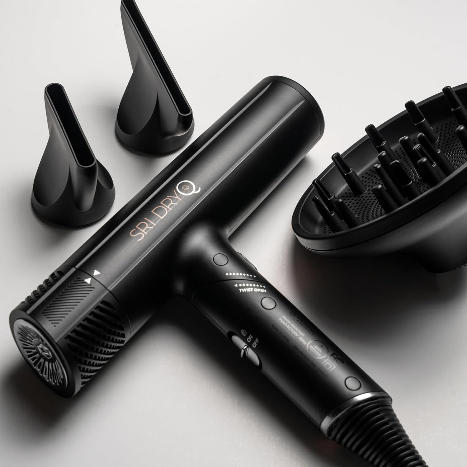 SRILabs DryQ 'Smart' Hair Dryer – Super Lightweight, Foldable – Powerful, Quiet Motor – Infrared & Ionic Technology – 3 Magnetic Attachments – Heat Control with Locking Switch