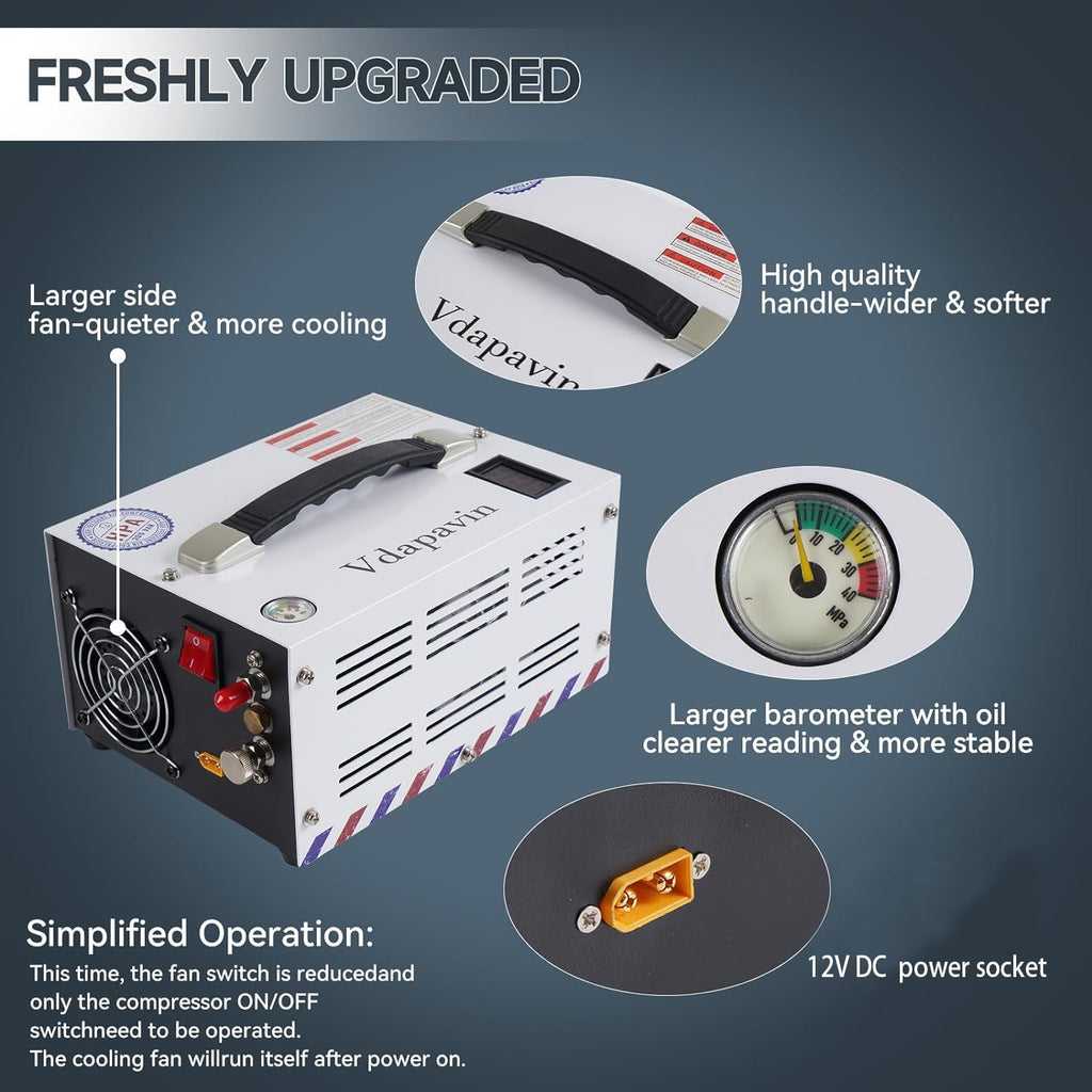 PCP Air Compressor, 4500 psi / 30 MPa PCP Airgun Compressor, 12V DC / 120V AC Power Manual Shut-off, Built-in Converter and Fan Cooling System Suitable for Paintball, Scuba Tank Compressor