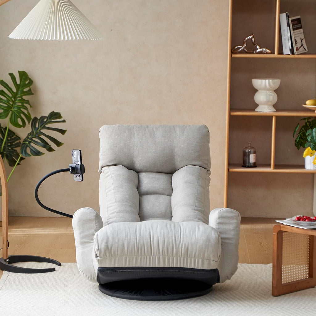 Yoglad Japanese Style Chaise Lounge Sofa with Phone Holder, 360-Degree Swivel Chair Floor Gaming Chair Lazy Sofa for Reading Game Meditating, 3 Adjustable Positions (Linen Gray)