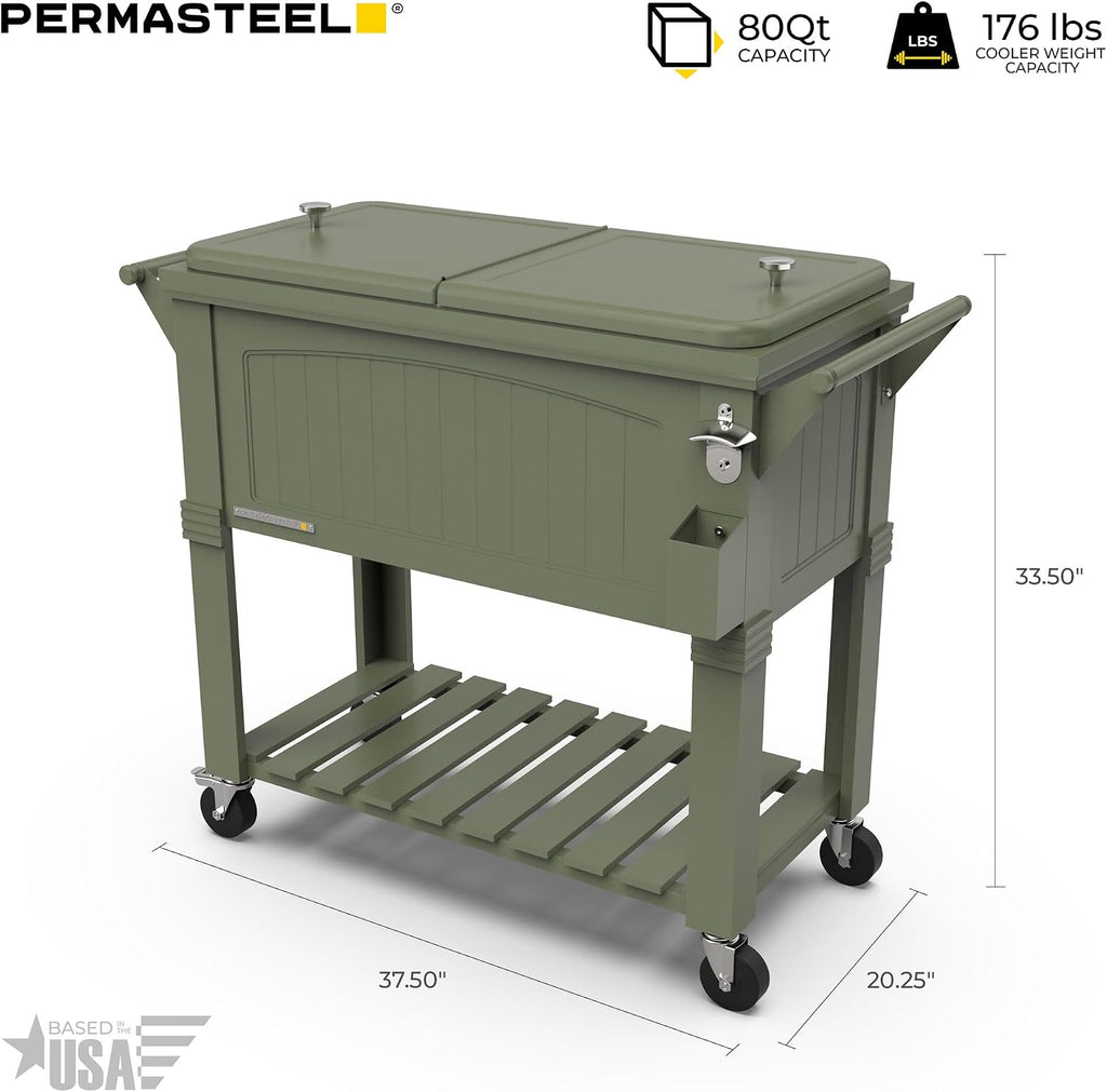 Permasteel Party Cooler with Divider, Spacious 80-Qt Capacity, Chills 36hrs, Serving Tray, Rolling Ice Chest for Indoor and Outdoor Entertainment, Matte Green