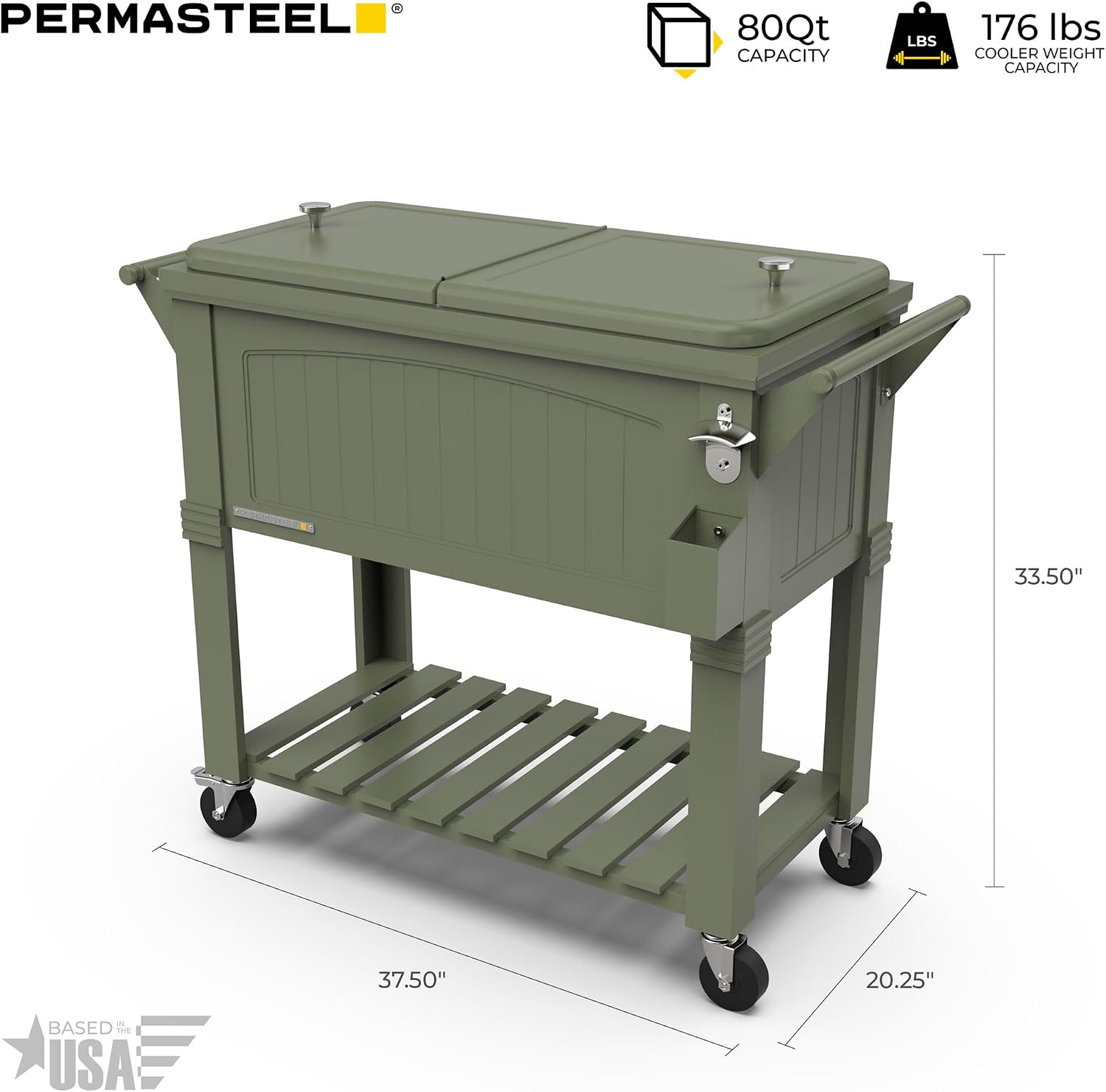 Permasteel Party Cooler with Divider, Spacious 80-Qt Capacity, Chills 36hrs, Serving Tray, Rolling Ice Chest for Indoor and Outdoor Entertainment, Matte Green