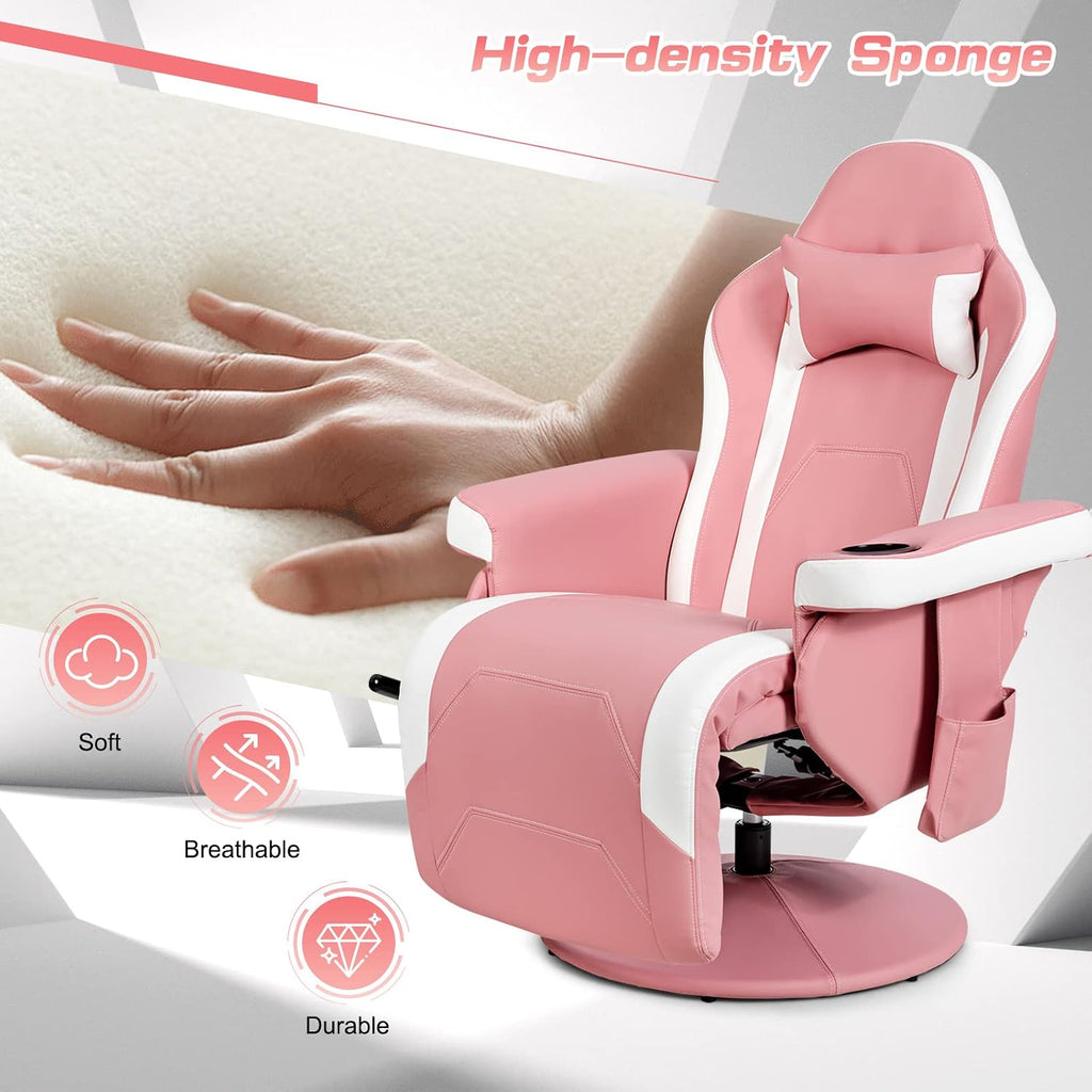 GYMAX Gaming Chair with Footrest, Massage Video Game Chairs for Adults with Remote, Adjustable Backrest, Headrest, Cup Holder & Side Pocket, Ergonomic High Back Office Computer Chair (Pink)