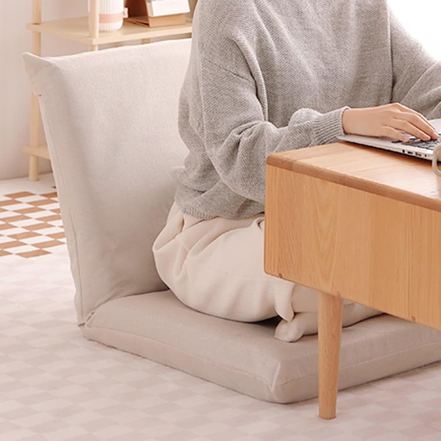 Floor Chair, Gaming Floor Seat for Living Room, Adjustable Backrest with Cotton Linen Cover for Balcony Reading Bedroom Study Room(Beige)