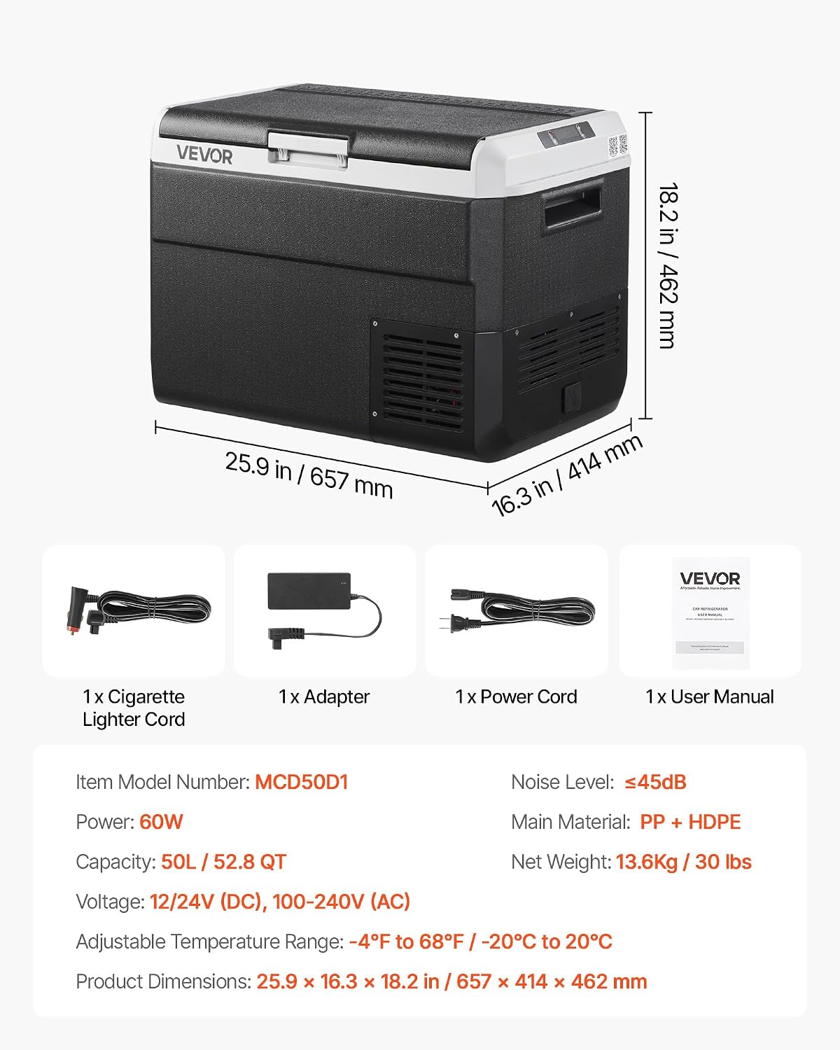 VEVOR 12 Volt Car Refrigerator, 52.8QT/50L Car Fridge, Portable Electric Cooler with -4℉~68℉ Adjustable Temperature, 12/24V DC and 100-240V AC Compressor Freezer for Outdoor, Camping, Travel, RV