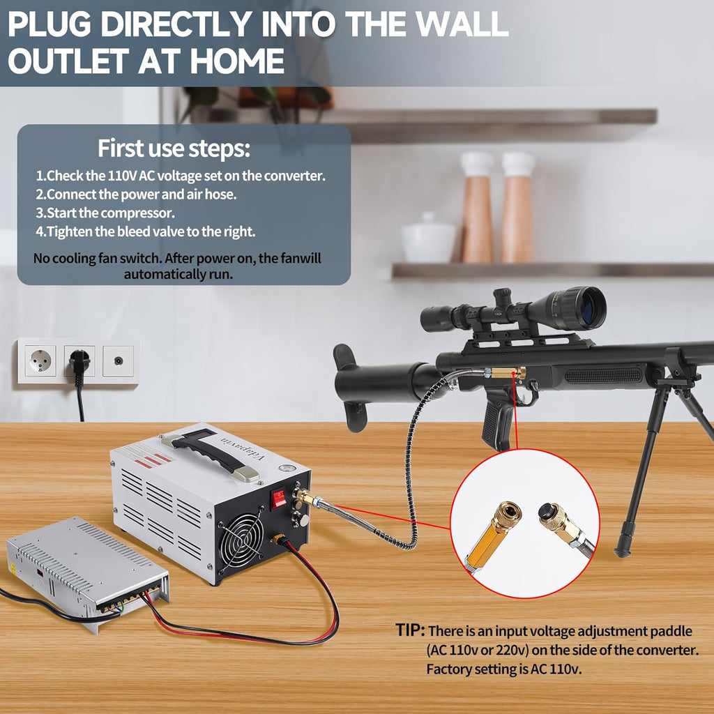 PCP Air Compressor, 4500 psi / 30 MPa PCP Airgun Compressor, 12V DC / 120V AC Power Manual Shut-off, Built-in Converter and Fan Cooling System Suitable for Paintball, Scuba Tank Compressor