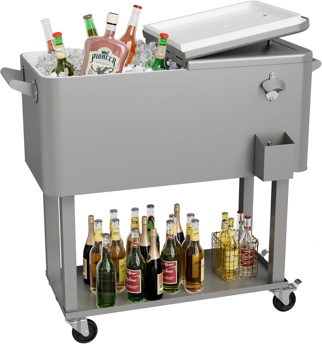 80 Quart Rolling Ice Chest Cooler Cart with Shelf, Heavy Duty Insulated Cooler Box on Wheels with Drain Plug, Weather Resistant Outdoor Party BBQ Drink Cart