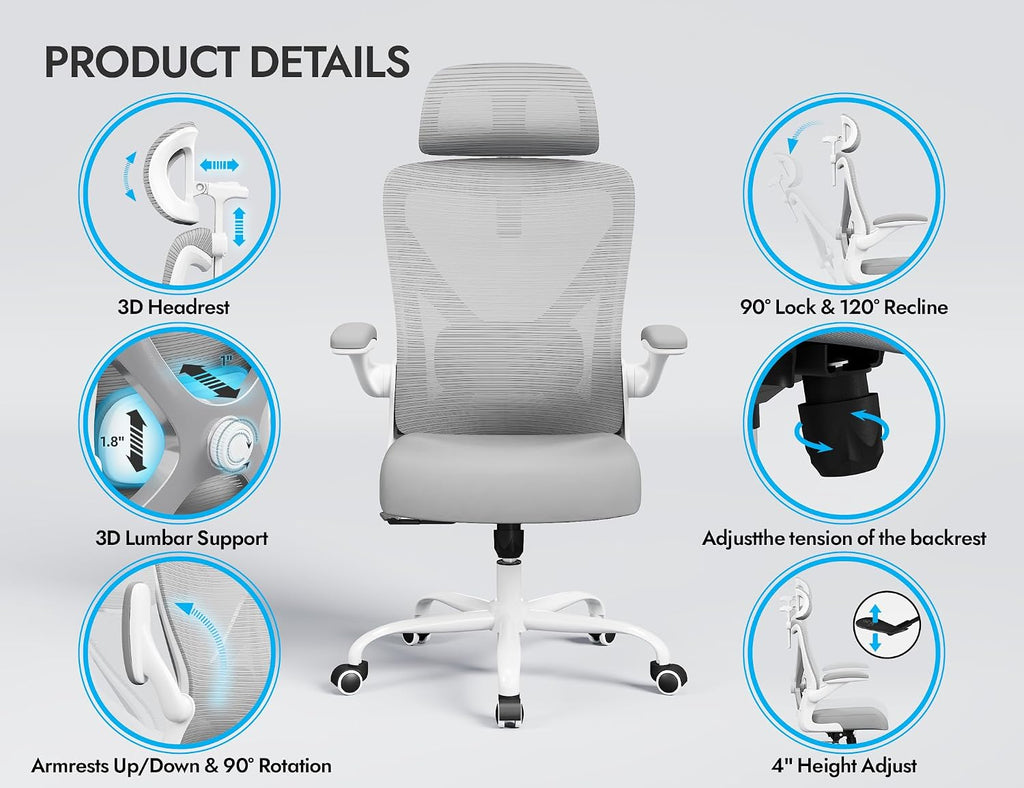 Ergalithic Ergonomic Office Chair - Computer Desk Chairs Comfy, Mesh High-Back Gaming Chair with Adjustable Lumbar Support, Executive Task Chair for Adults, Comfortable for Long Hours (Grey Silver)
