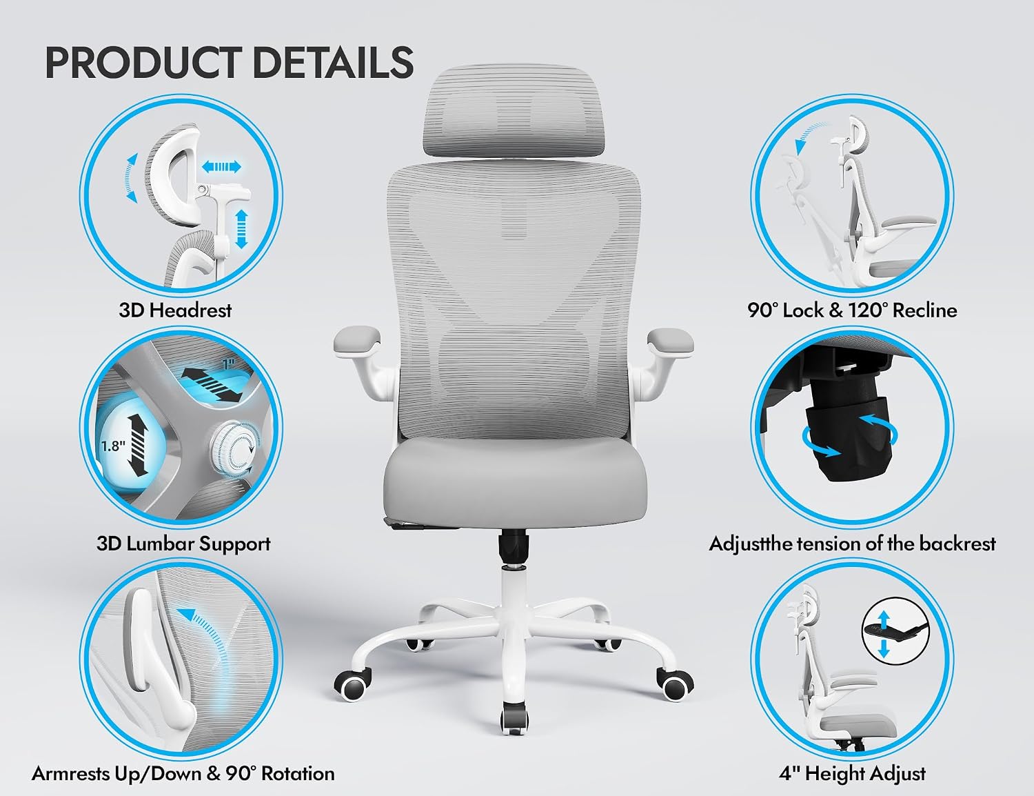 Ergalithic Ergonomic Office Chair - Computer Desk Chairs Comfy, Mesh High-Back Gaming Chair with Adjustable Lumbar Support, Executive Task Chair for Adults, Comfortable for Long Hours (Grey Silver)