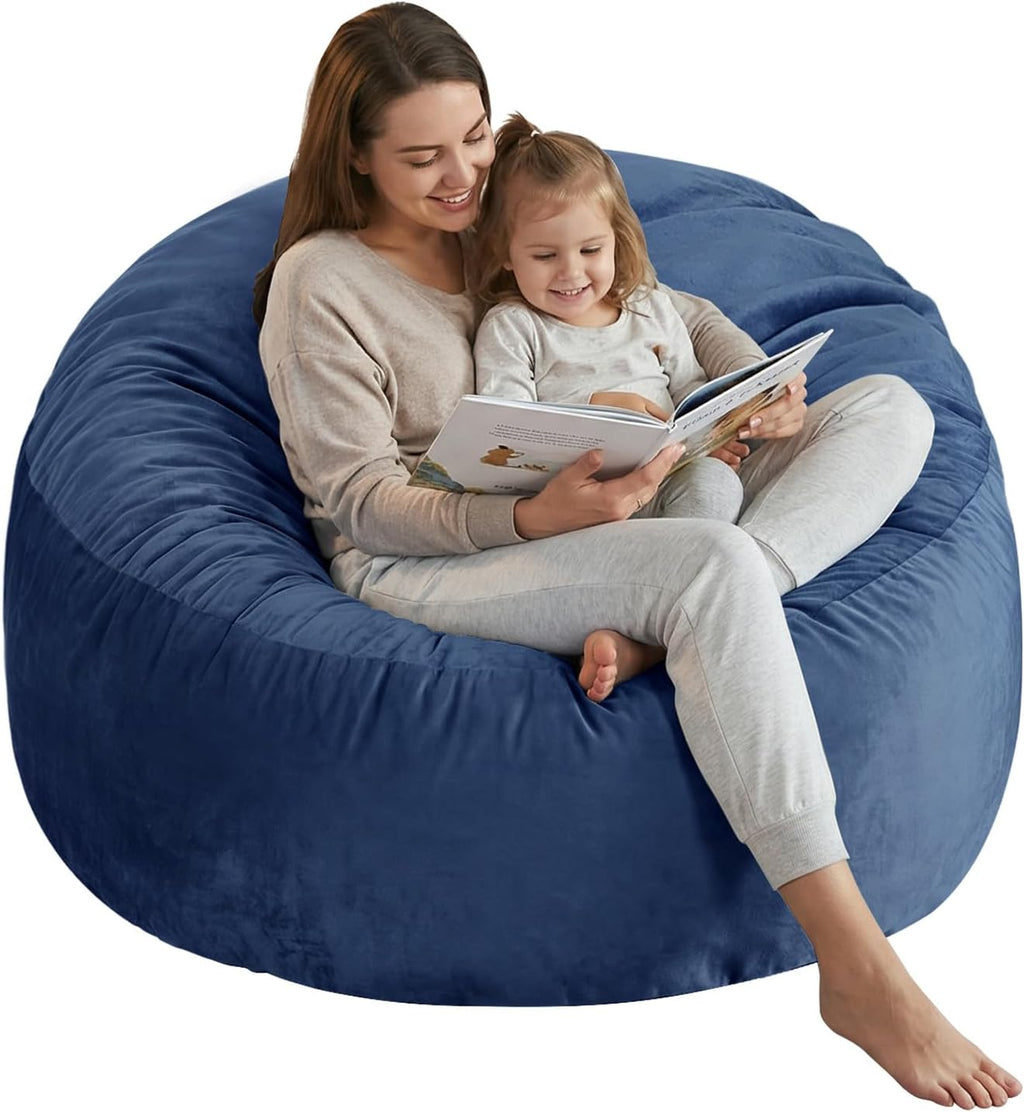 SHOUREN 5 Ft Bean Bag Chair,Memory Foam Bean Bag Chairs for Adults,Bean Bag Sofa for Living Room,Beanbag with Filler Included,Soft Velvet Fabric,Pull-Handle - 5 Foot,Navy