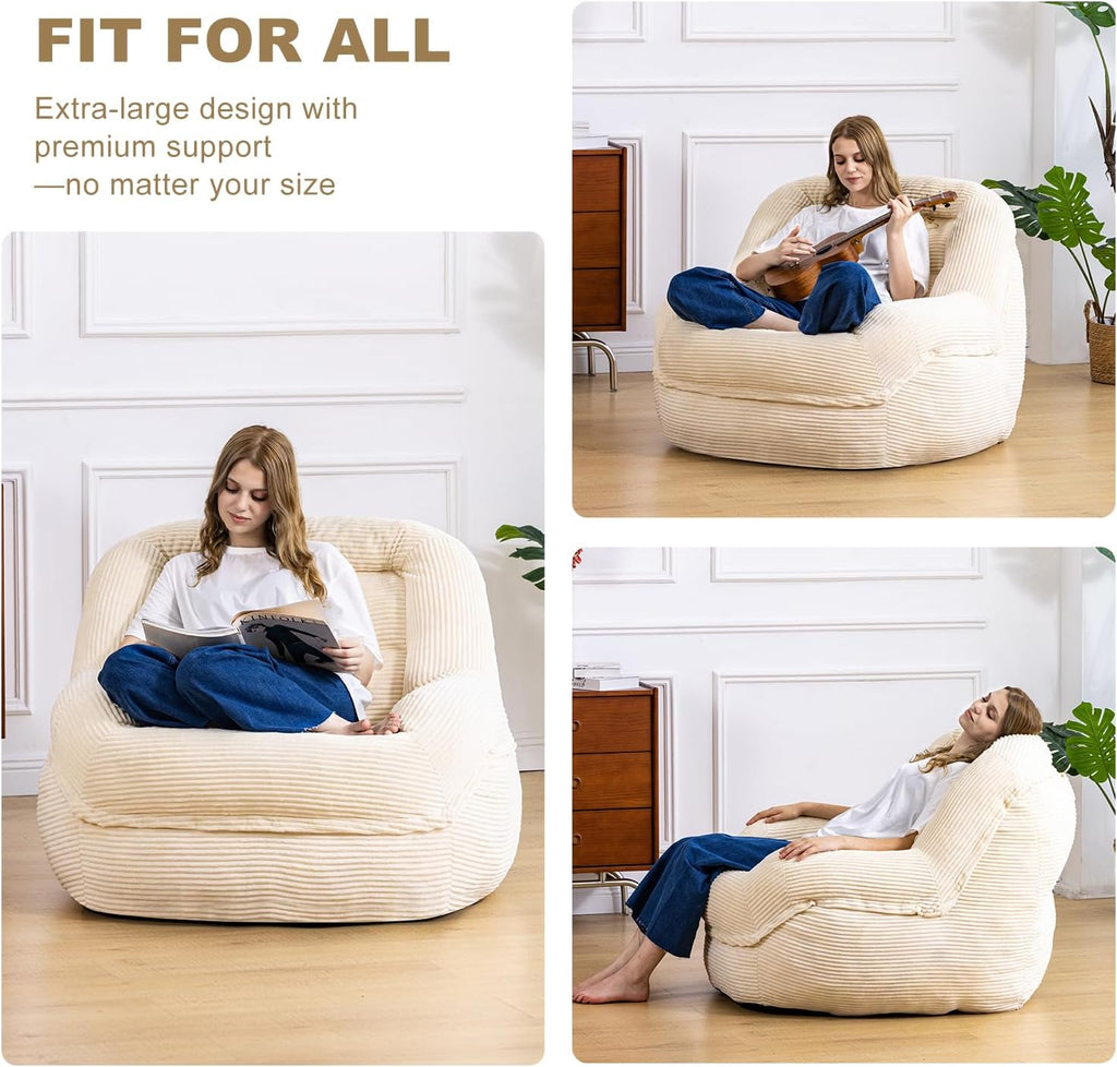 Giant Bean Bag Chair with Armrests - Oversized Cozy Seating for Adults, Corduroy Fabric & High-Resilience Foam Filling, Ideal Lounge for Living Room, Bedroom & Gaming Room (White)