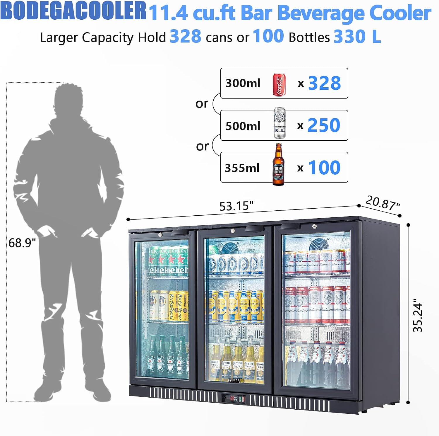 BODEGA BODEGACOOLER Back Bar Cooler with 3 Glass Doors,11.4 Cu.Ft Commercial Bar Beverage Refrigerator Under Counter,Large Display Bar Fridge for Beer Soda Wine LED Lighting,DOE Approved