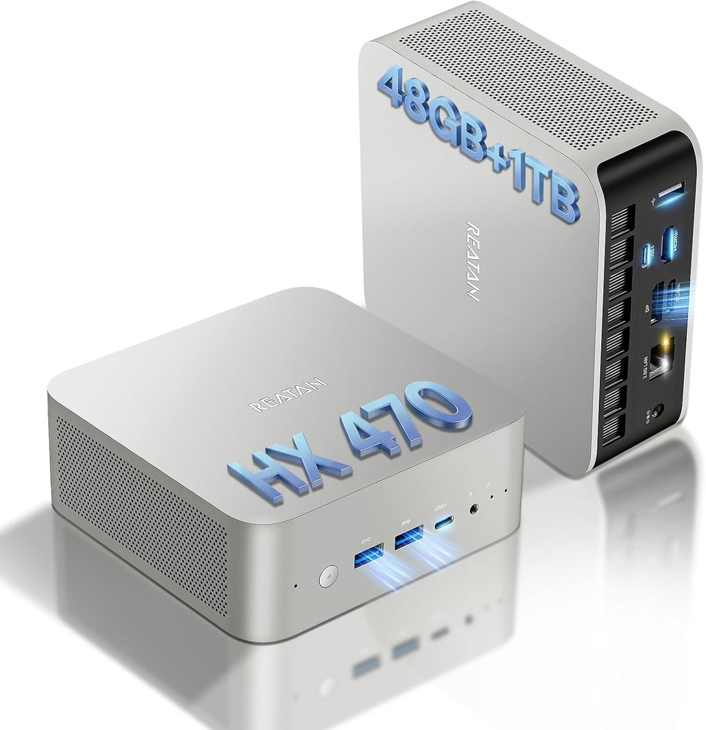 Reatan Upgraded Mini Desktop Gaming PC, OCuLink AMD AI 9 HX 470, Radeon TM 890M 5600MHz(up to 5.2GHz) 48GB DDR5 1TB M.2 2230 2.5Gbps LAN,HDMI 2.1, 8K USB 4.0 Wi-Fi 7/BT5.4 for AI, Gaming, Office