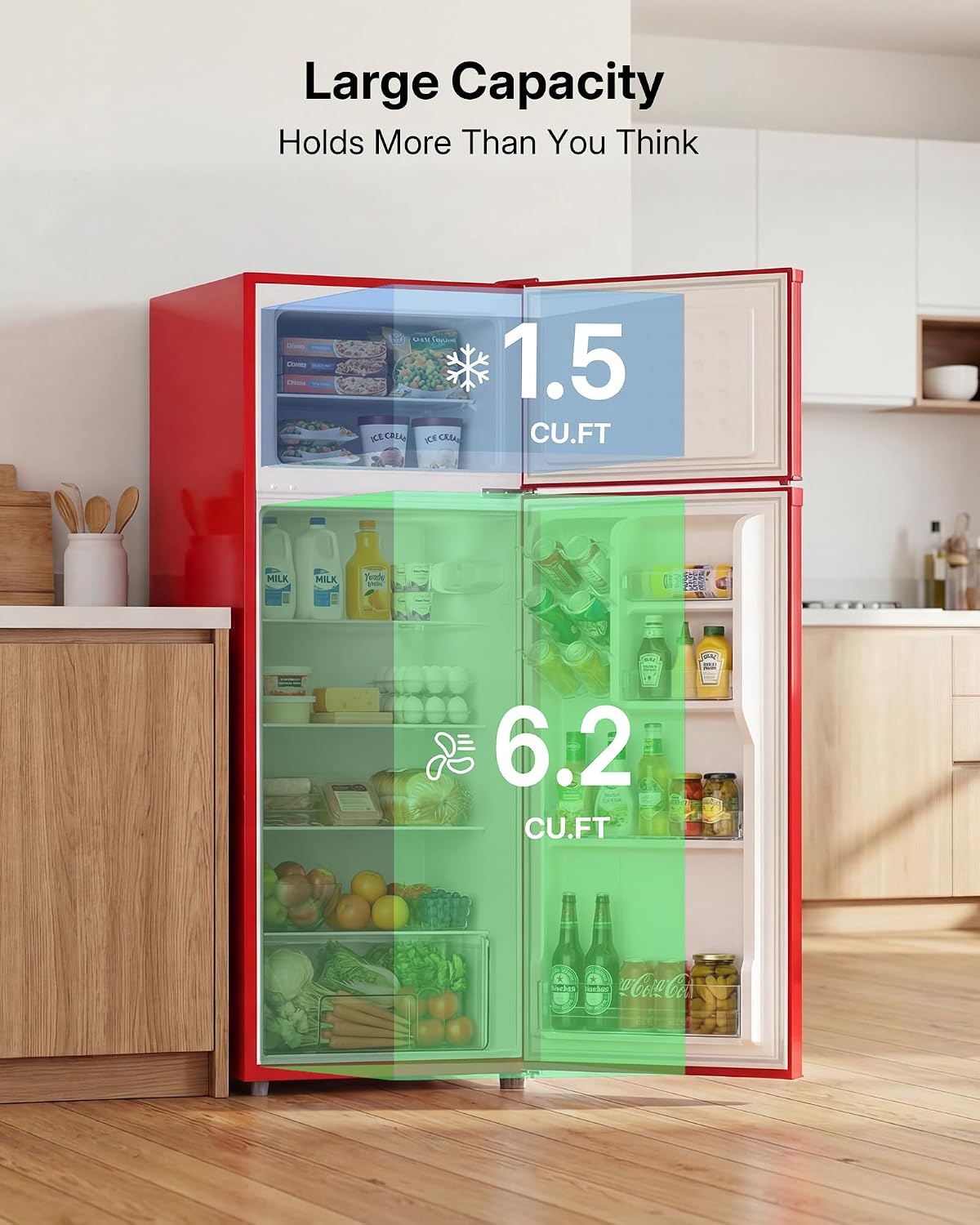 Upstreman 7.7 Cu Ft Refrigerator with Freezer, Double Door Fridge with Adjustable Thermostat Reversible Door, Large Capacity Refrigerator for Apartment, Dorm, Office, Kitchen, Red (BD-75)