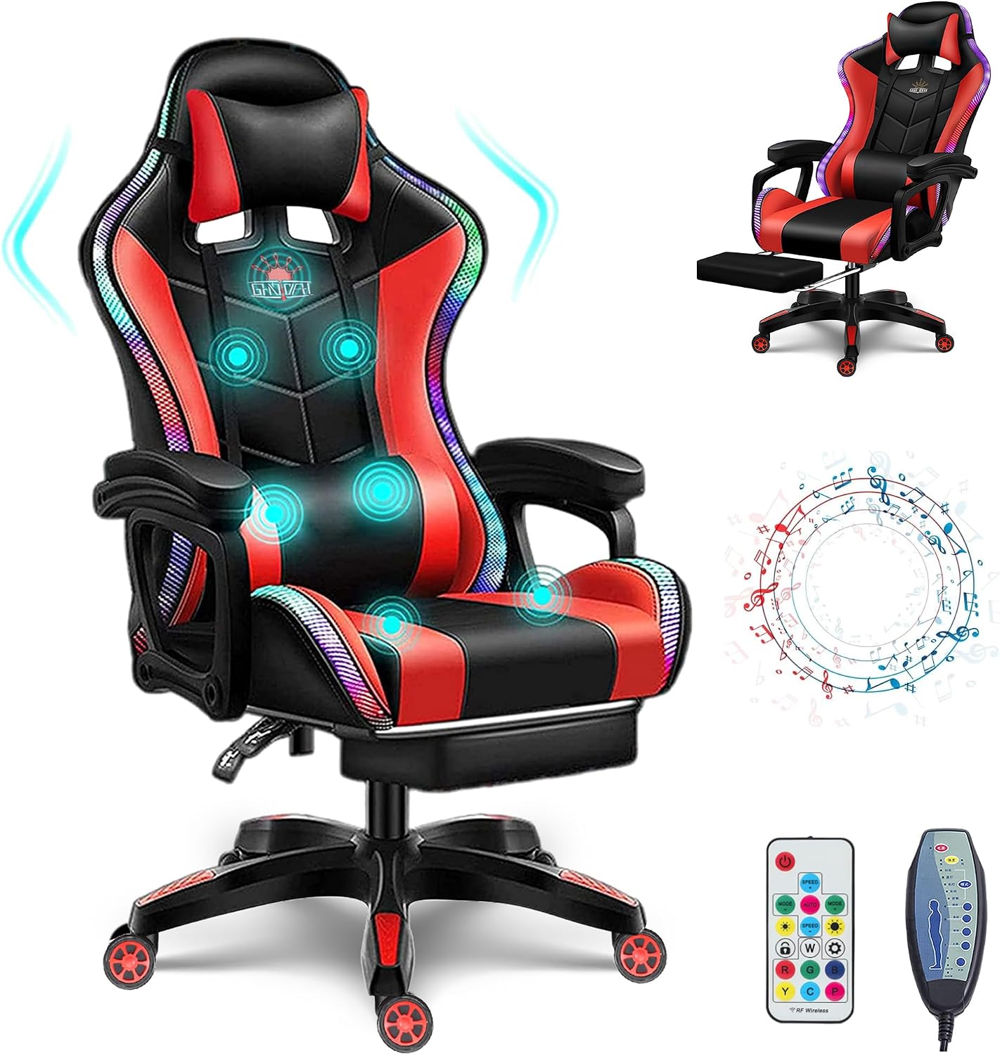 Video Gaming Chairs with LED Light, Bluetooth Speakers Computer Chair with Full Massage Lumbar Support, Ergonomic Pro Gaming Chair for Retractible Footrest and Backrest Adjustable,Red