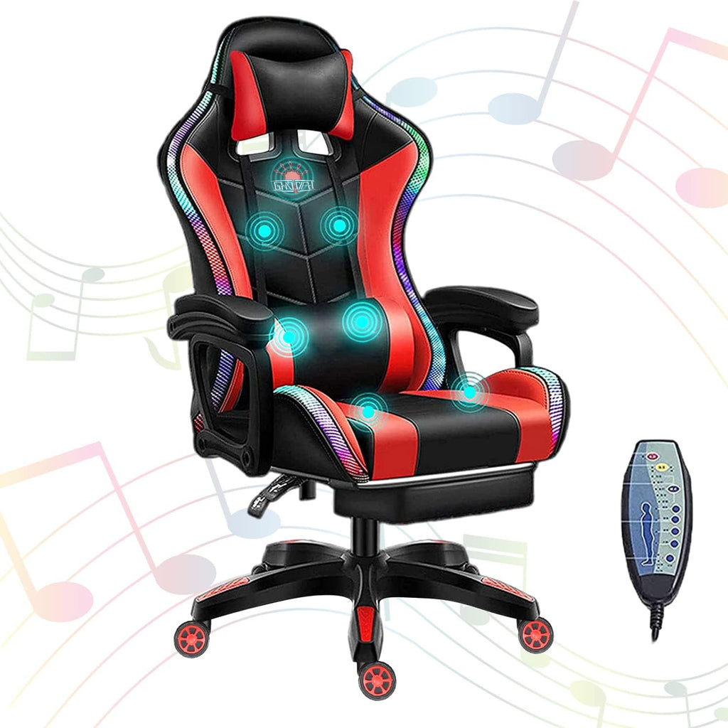 XOOFMASS Gaming Chair with Speakers and RGB LED Lights, Music Video Office Chair with Footrest and 90°-135° Adjustable Backrest, with Lumbar Support, Ergonomic Computer Desk Chair for Aldults,Red