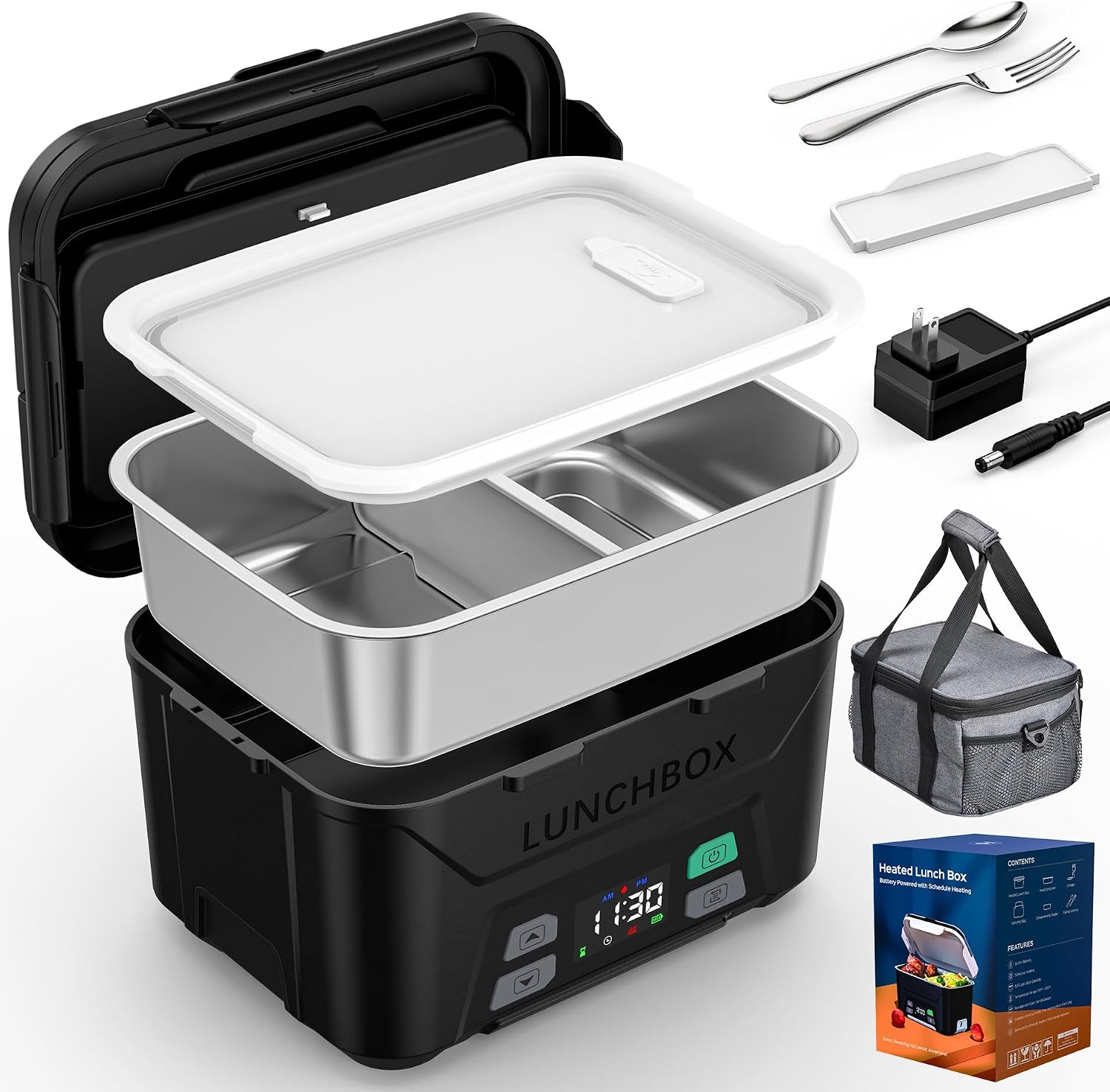 EO Living Heated Lunch Box Battery Powered with Automatic Heating, Cordless Heatable Lunchbox for Adults, 1.3L Portable Food Warmer with Insulated Carry Bag