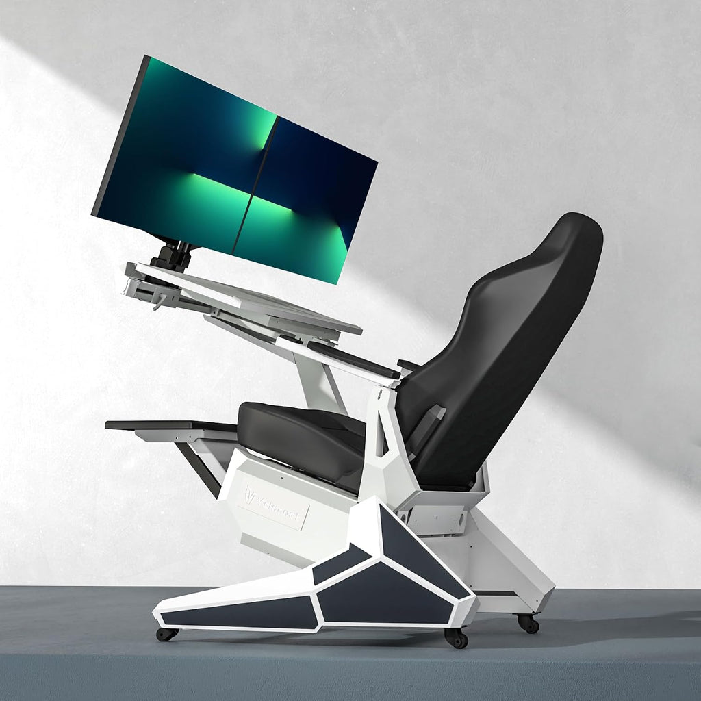 White Zero Gravity Scorpion Gaming Chair Cockpit with Dual Monitor Arm, 165° Reclining 441LB Load Ergonomic Office Chair, Space-Saving Mobile Workstation for PC, PS5, Xbox