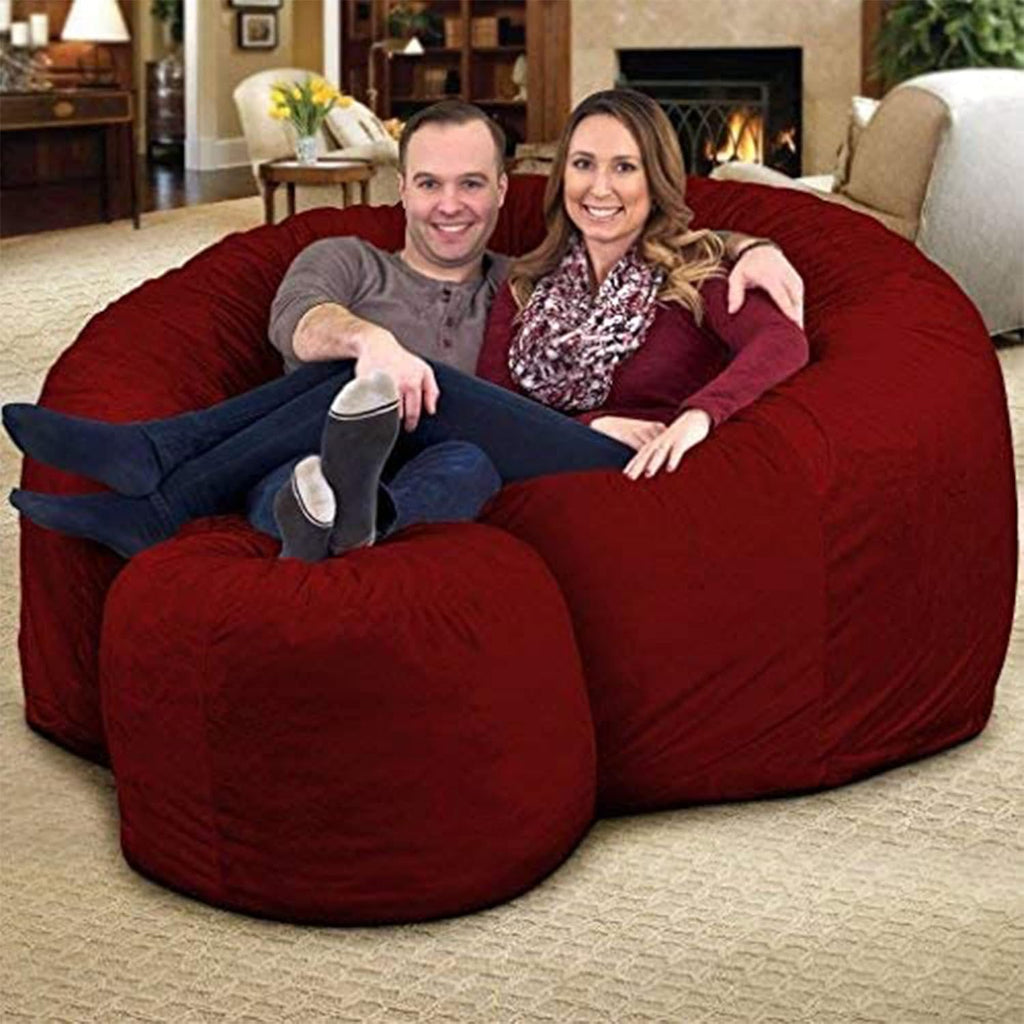 ULTIMATE SACK 6000 6-Foot Bean Bag Chair with Footstool, Burgundy Suede Cover – Oversized Foam Lounger, Floor Seat, Small Sofa, or Couch Bed for Living Area, Gaming Room, or Reading Lounge