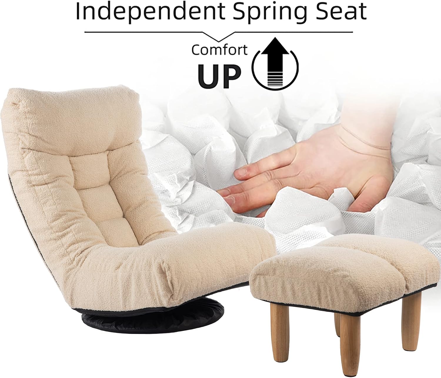 Yoglad Japanese Style Chaise Lounge Sofa Chair Floor Lazy Sofa for Reading Game Meditating, 3 Adjustable Positions with Comfortable Backrest (White, Ottoman)