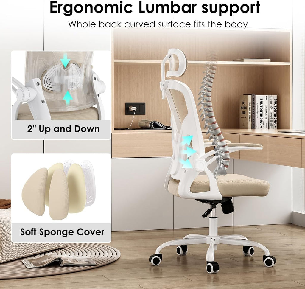 Farini Ergonomic Office Chair, Home Office Desk Chair with Headrest, High Back Swivel Computer Chair with Armrests and Adjustable Lumbar Support for Home Office Study Room, White & Khaki