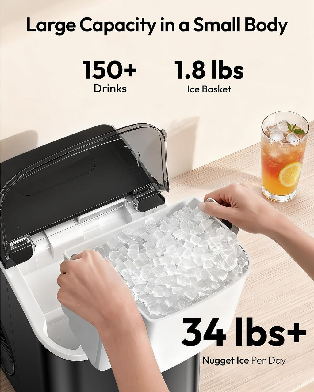 EUHOMY Nugget Ice Maker Countertop with Handle, Ready in 6 Mins, 34lbs Per Day, Removable Top Cover, Self-Cleaning, Portable Sonic Ice Maker with Basket and Scoop, for Home/Party/RV/Camping(Black)