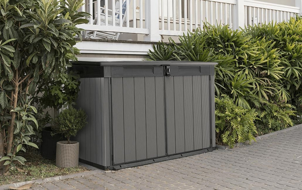 Keter Box Premier Jumbo 2020L Capacity External Dimensions (WxHxD) 190.5 x 132 x 109 cm Fits 3 x 240L or 2 x 360L Wheelie Bins Weatherproof Waterproof Multicoloured Plastic