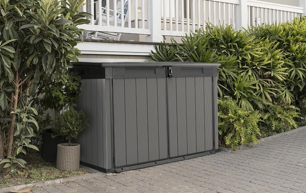 Keter Box Premier Jumbo 2020L Capacity External Dimensions (WxHxD) 190.5 x 132 x 109 cm Fits 3 x 240L or 2 x 360L Wheelie Bins Weatherproof Waterproof Multicoloured Plastic