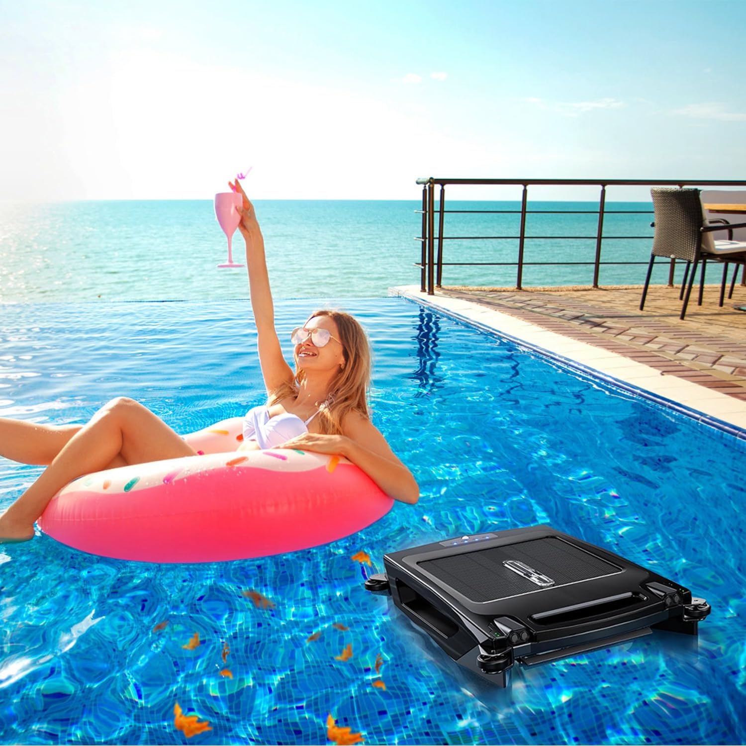 TeqHome Solar Pool Skimmer,Cordless Automatic Robotic Pool Surface Skimmer Cleaner with APP Support,24/7 Cleaning,Smart Obstacle Avoidance,Dual Charging Modes for Most Swimming Pools up to 2512 Sq.ft.