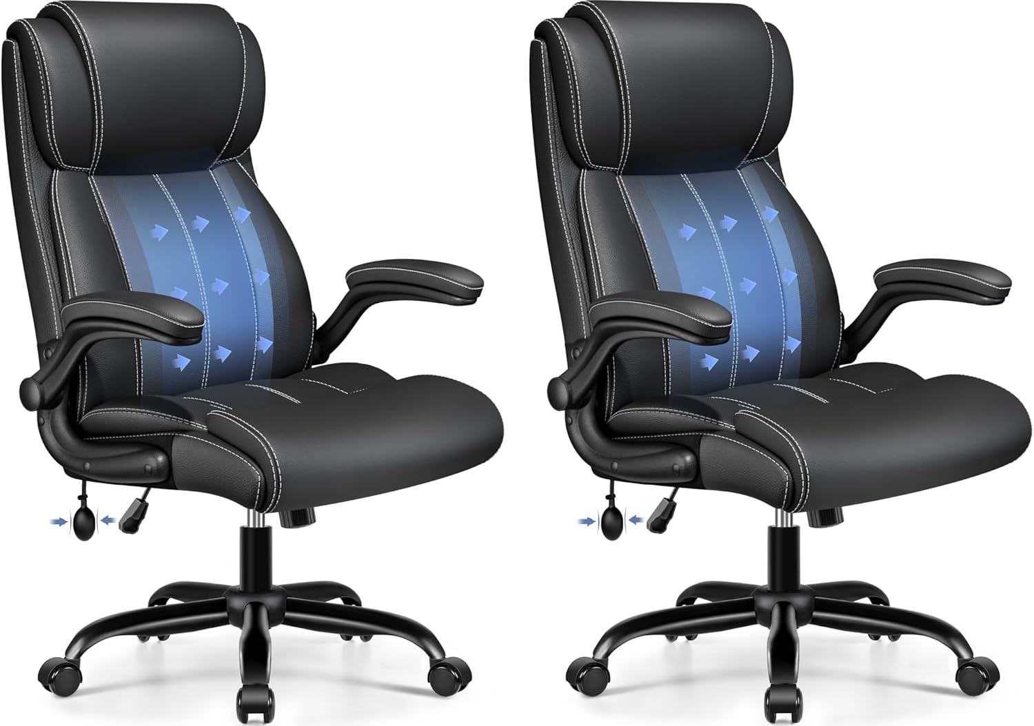 BESTFAIR Ergonomic Office Chair - Desk Computer Chair, Leather High Back Executive Chairs with Adjustable Lumbar Support & Flip Up Arms, Black 2 Pack