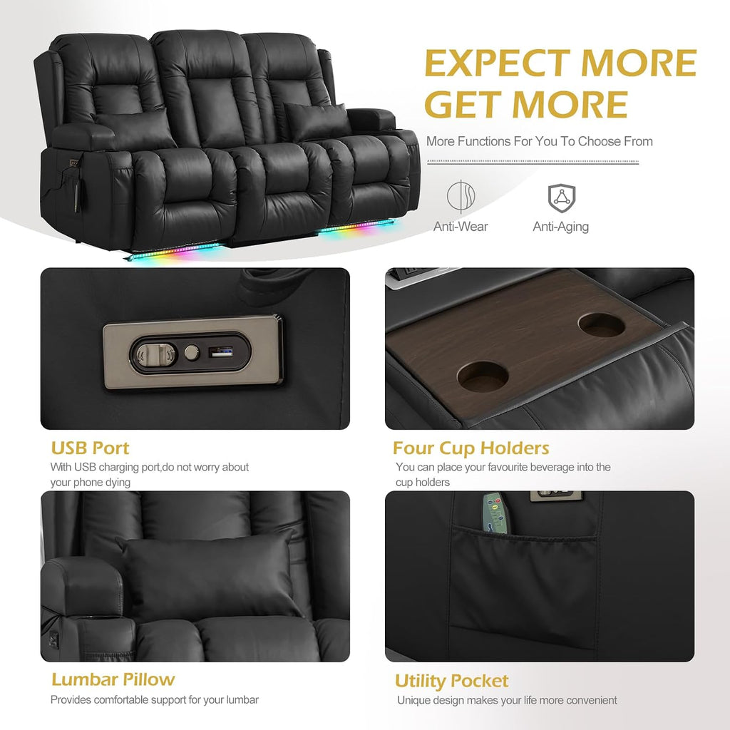Loveseat Recliner Sofa, Leather Sofa with Massage & Heating, Home Theater Seating Power Reclining Loveseat with Outlet/LED Light/Cup Holders/Lumbar Pillows (Black, 3 Seat)
