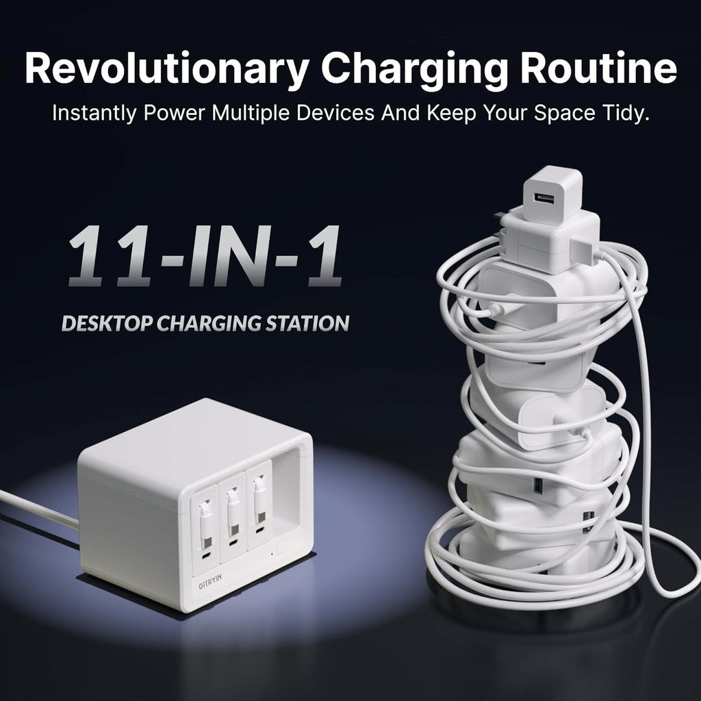 Gitryin 11-in-1 Desktop Charging Station with 3 Retractable Wall Chargers, 40W USB-C Power Strip with 5 AC, 3 USB C, 3 Type-C 33.5in Cables, Extension Cord with 1020J Surge Protection for Home Office
