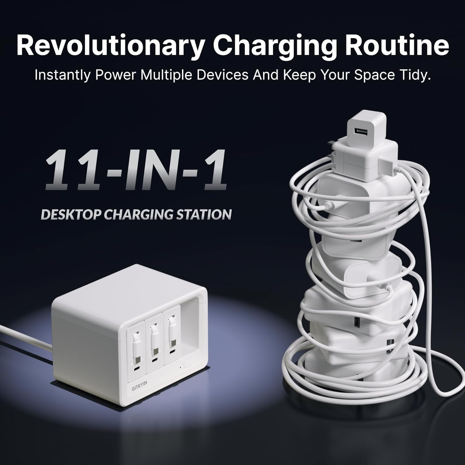 Gitryin 11-in-1 Desktop Charging Station with 3 Retractable Wall Chargers, 40W USB-C Power Strip with 5 AC, 3 USB C, 3 Type-C 33.5in Cables, Extension Cord with 1020J Surge Protection for Home Office