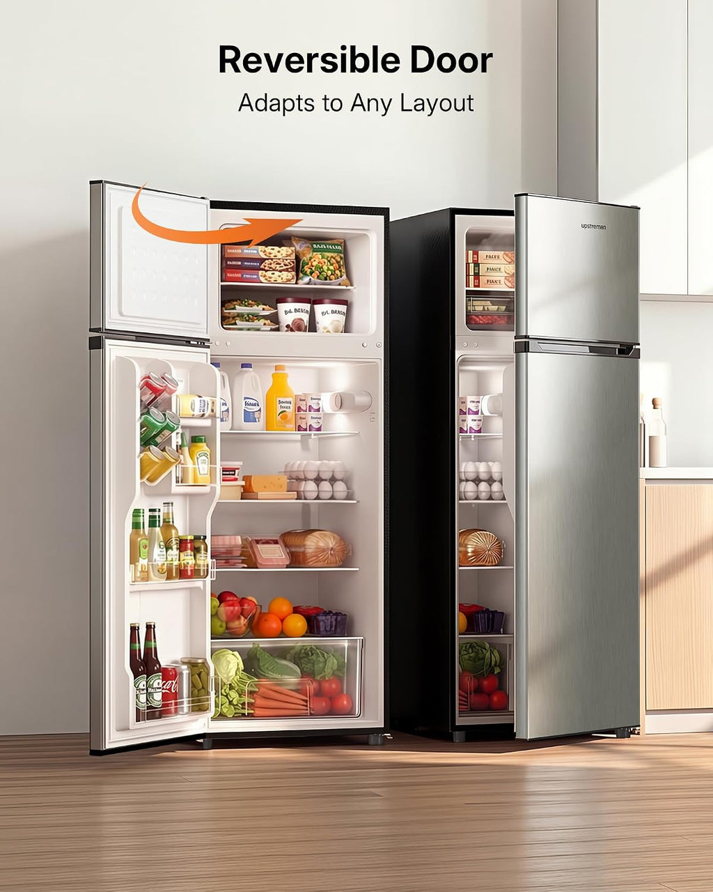 Upstreman 7.7 Cu.Ft. Refrigerator with Freezer, Double Door, Adjustable Thermostat, Large Capacity, Reversible Door Swing, Refrigerator for Apartment, Office, Dorm, Stainless (BD75)