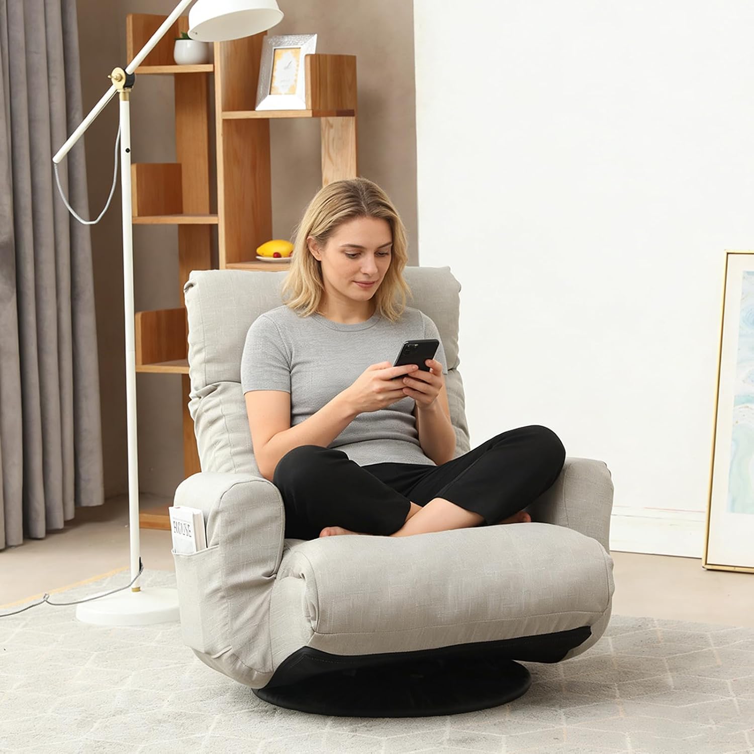 Swivel Lazy Floor Chair, Adjustable Reclining Floor Lounger with Head & Back Support, Comfy Tatami Sofa Seat for Adults Bedroom & Gaming
