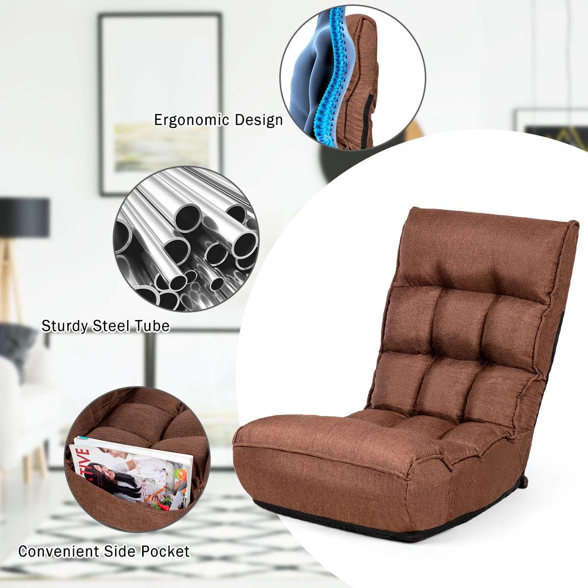 ARLIME 4-Position Adjustable Floor Chair, Armless Gaming Chair w/Back Support & Soft Cushion, Memory Foam Floor Lazy Sofa for Gaming, Reading, Meditating (Coffee)
