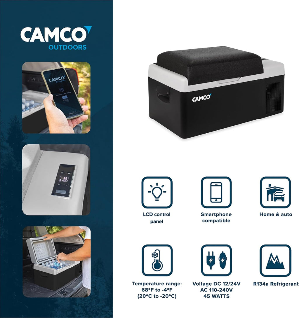 Camco CAM-200 20-Liter Portable Compact Fridge/Freezer | Features Bluetooth Capable Remote Access & 1 Compartment w/Single Zone Cooling | Adjusts from -4° F to 68° w/2 Cooling Modes ECO & MAX (51510)