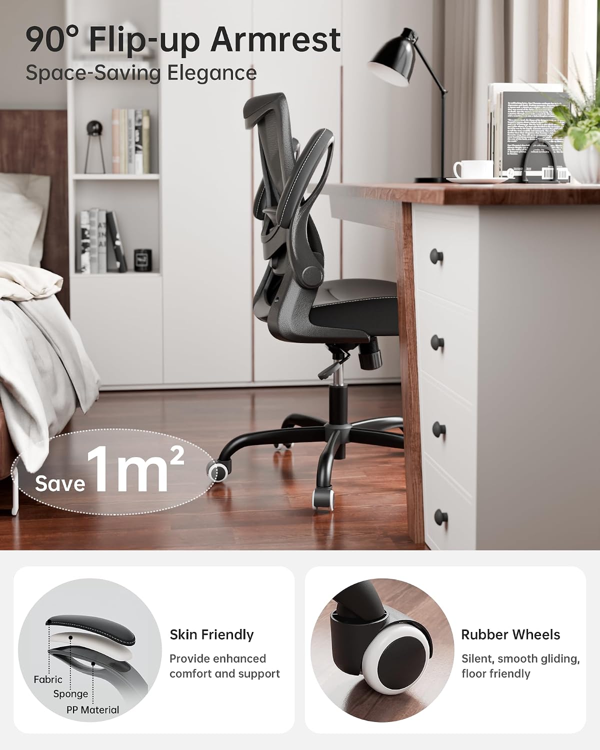 MUXX.STIL Office Chair, PU Leather Ergonomic Desk Chair with Adjustable Lumbar Support and Flip up Armrest, Breathable Mesh Computer Chair for Home Office, Black