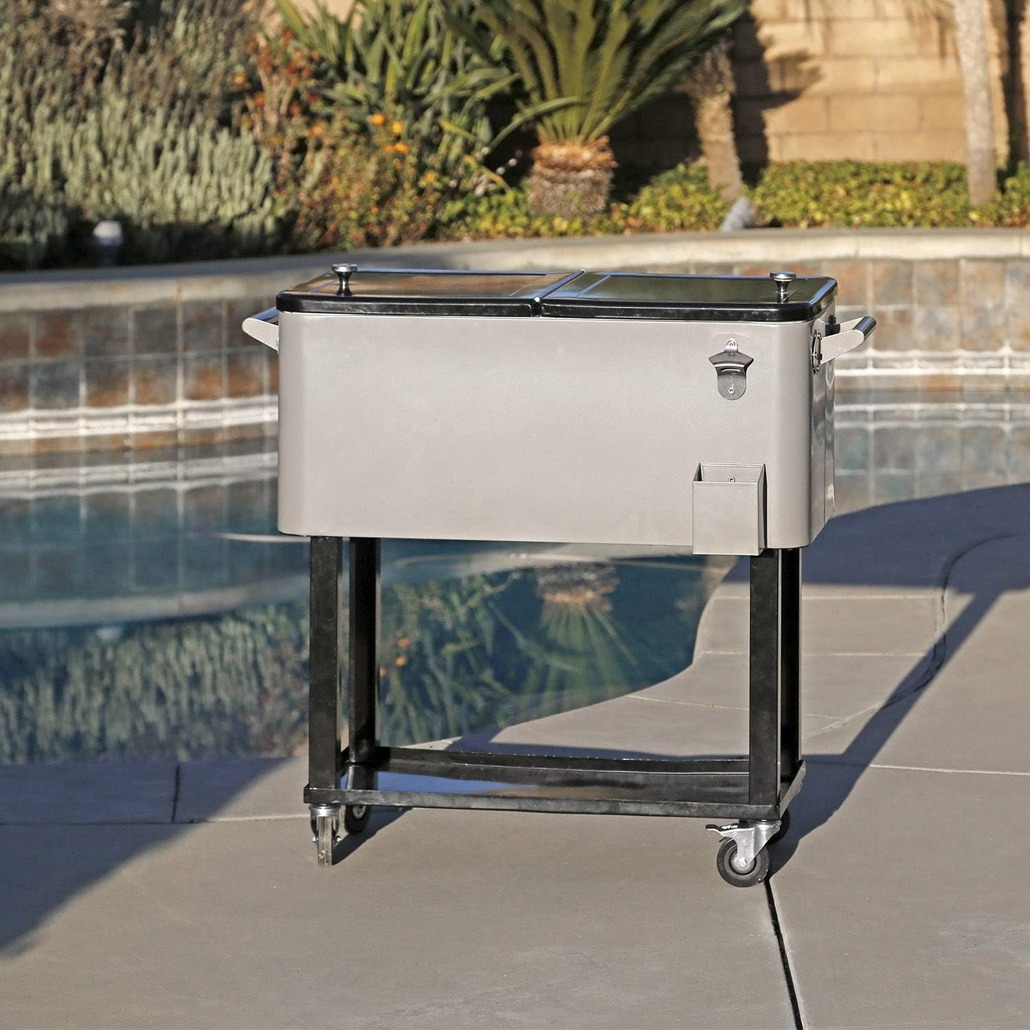 80 Quart Qt Rolling Cooler Ice Chest for Outdoor Patio Deck Party, Grey, Portable Party Bar Cold Drink Beverage Cart Tub, Backyard Cooler Trolley on Wheels with Shelf, Stand, & Bottle Opener