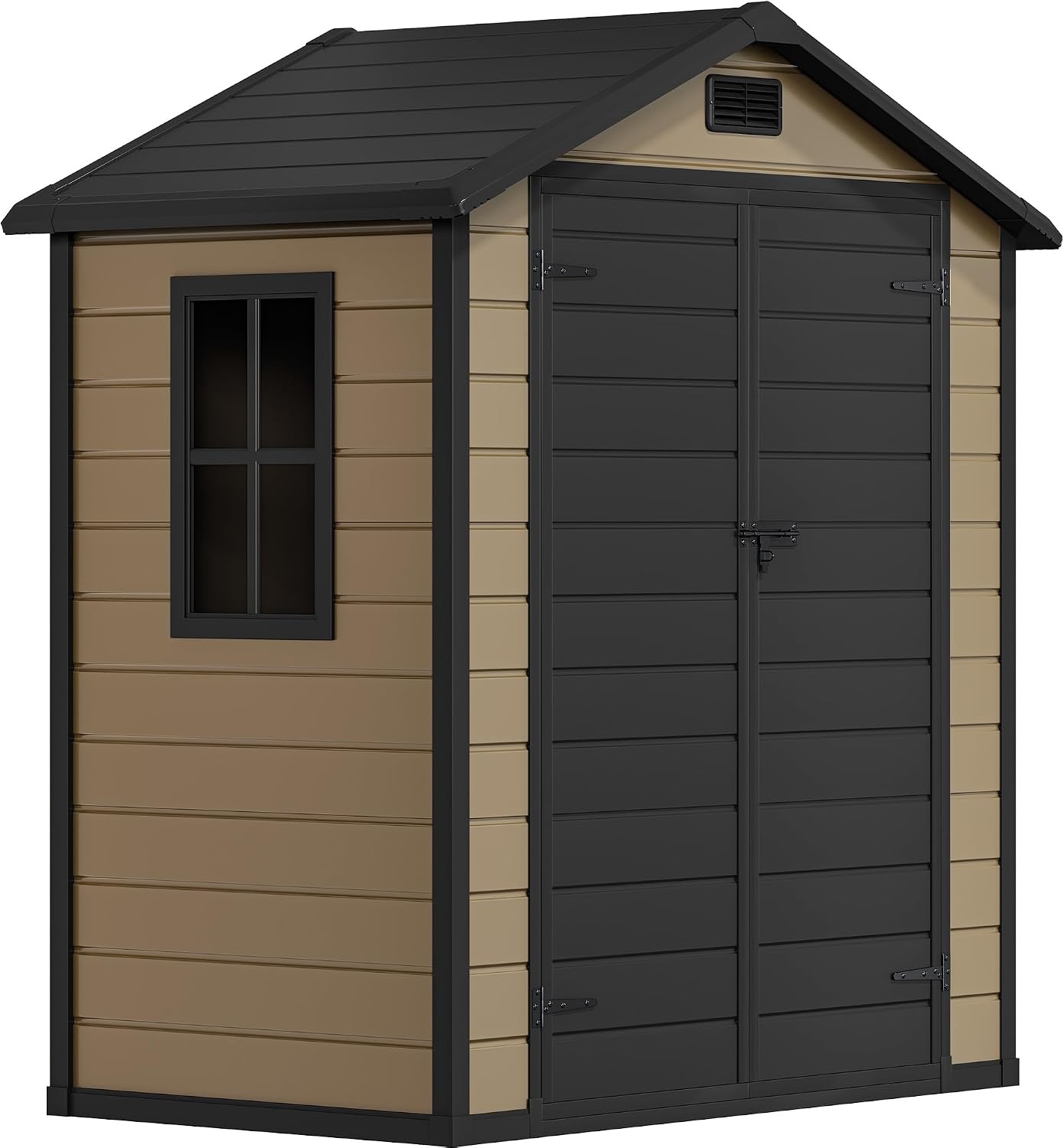 DWVO 6x4 FT Resin Storage Shed with Floor, Outdoor Storage Shed with Lockable Door, Window and Vents, Waterproof Plastic Tool Storage for Garden, Backyard, Patio, Lawn, Brown