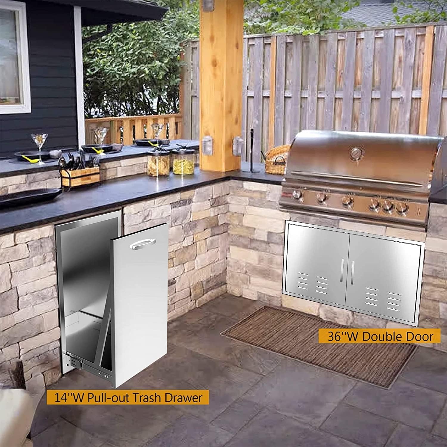 Built-in Single Trash Drawer 14' W x 27' H x 20' D, Pull-Out Tray Outdoor Kitchen Stainless Steel Trash Drawer Storage One Trash Bin for BBQ Island Grill Station