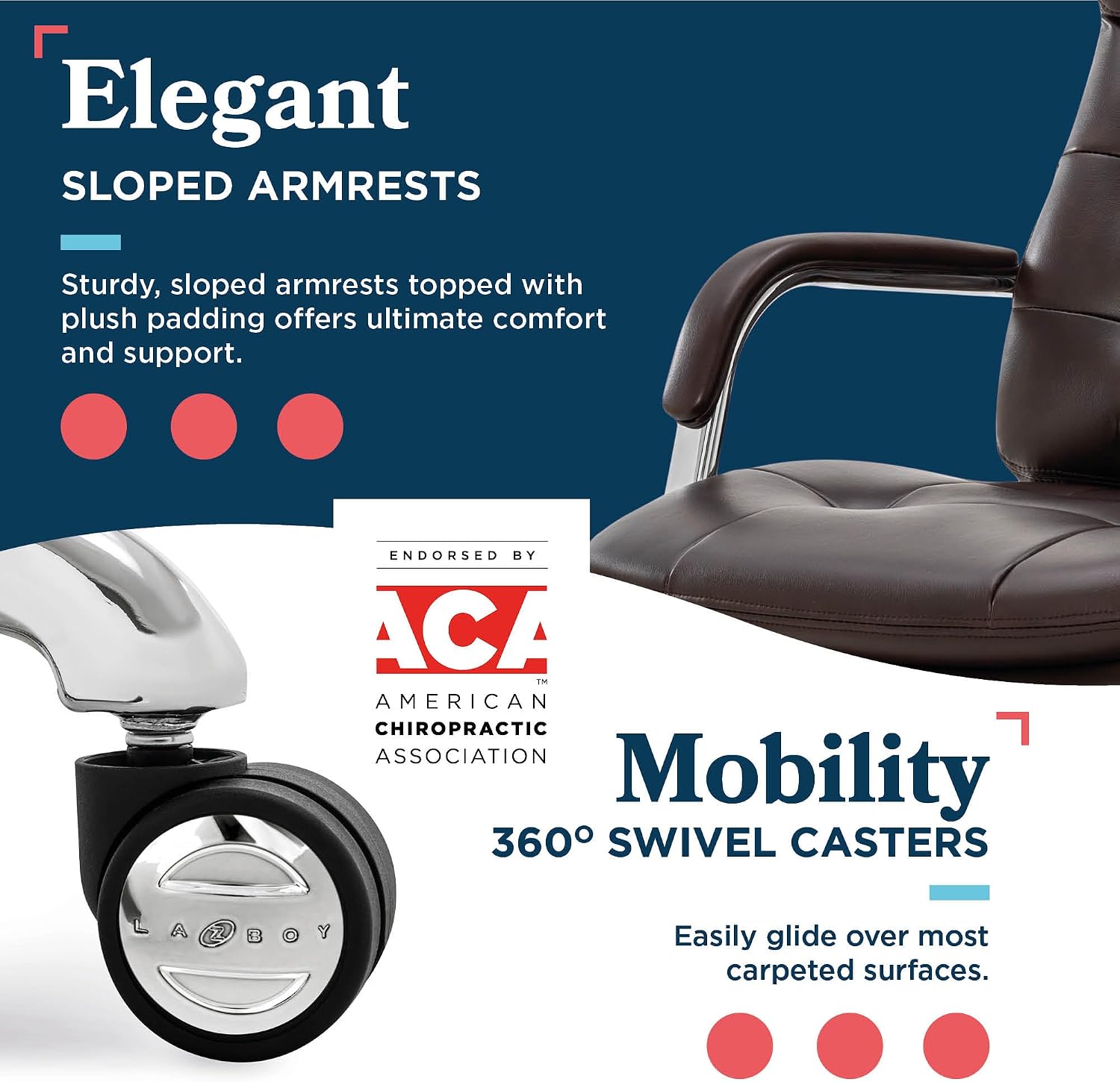 La-Z-Boy Sonata Executive Mid-Back Office Chair, Button-Tufted Seat and Back, Double-Layer Cushion, Padded Armrests, Ergonomic Computer DeskChair, Swivel Metal Base, Bonded Leather, Dark Brown/Chrome