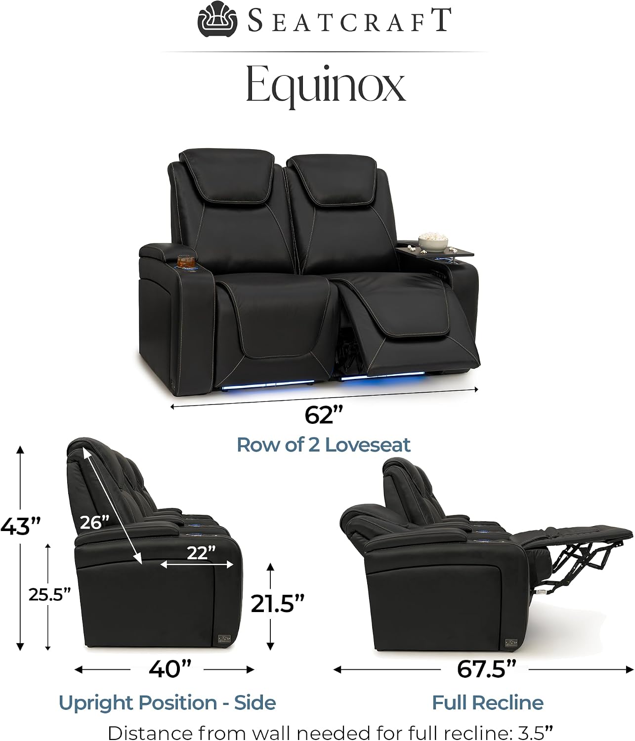 Seatcraft Equinox Zero-Gravity CoolZero Italian Leather Home Theater Seating, Powered Headrest, Powered Lumbar, Powered Recline, Row of 2 Loveseat, Black