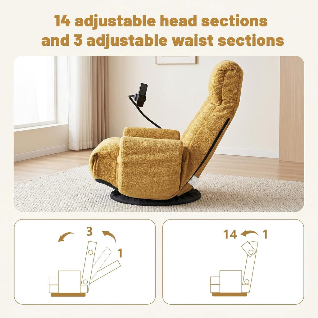 360° Swivel Floor Gaming Chair Yellow Teddy Folding Chaise Lounge Chair Adjustable Comfy Sofa Chair with Armrests, Phone Holder & Padded Cushion, Ideal for Living Room, Bedroom