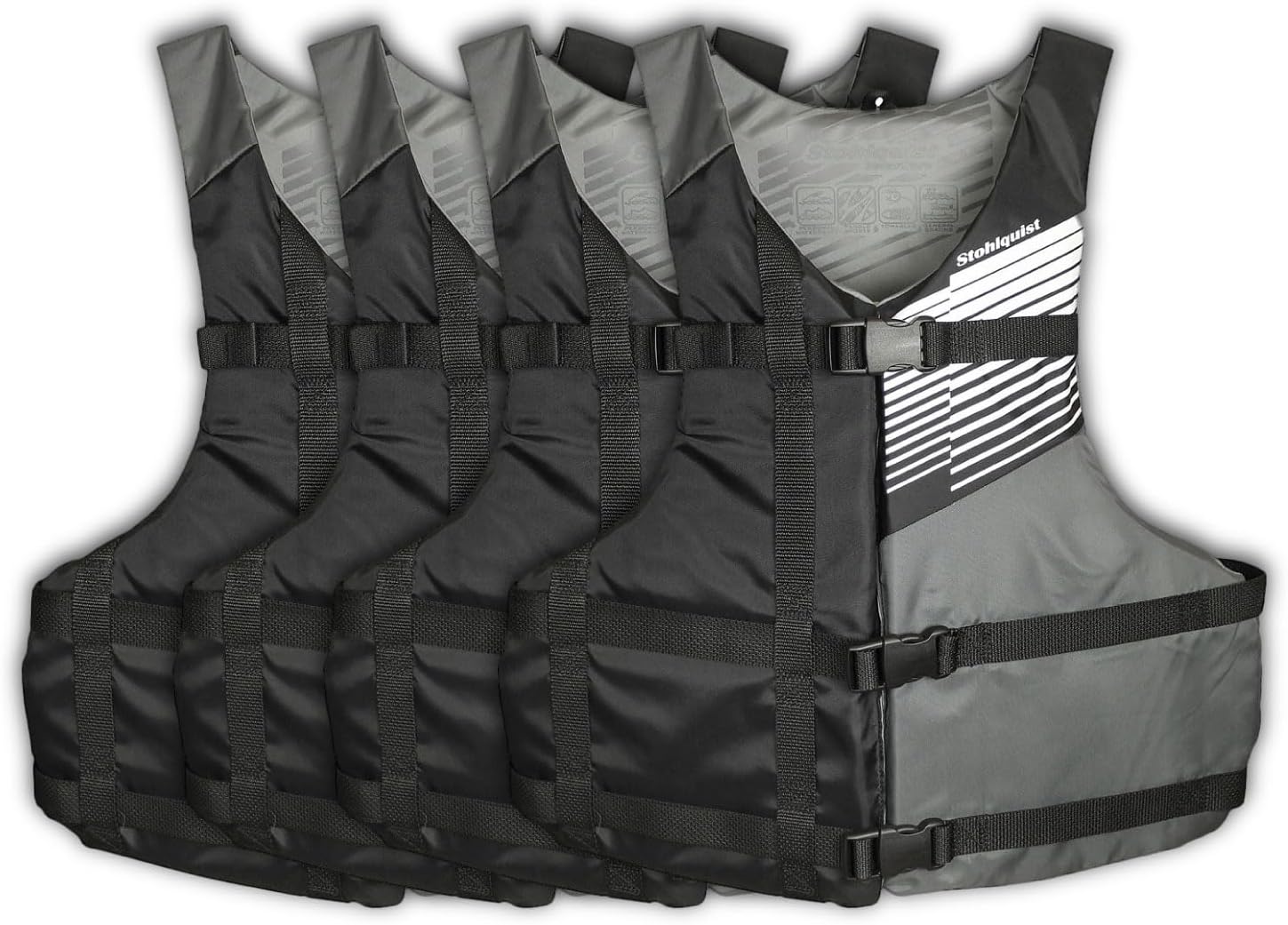 Stohlquist Universal Fit Adult Life Jacket PFD (4 Pack) Coast Guard Approved, for Men and Women 90+ lbs, Lightweight Neoprene and Adjustable, Ideal for Boating, Kayaking & Water Sports