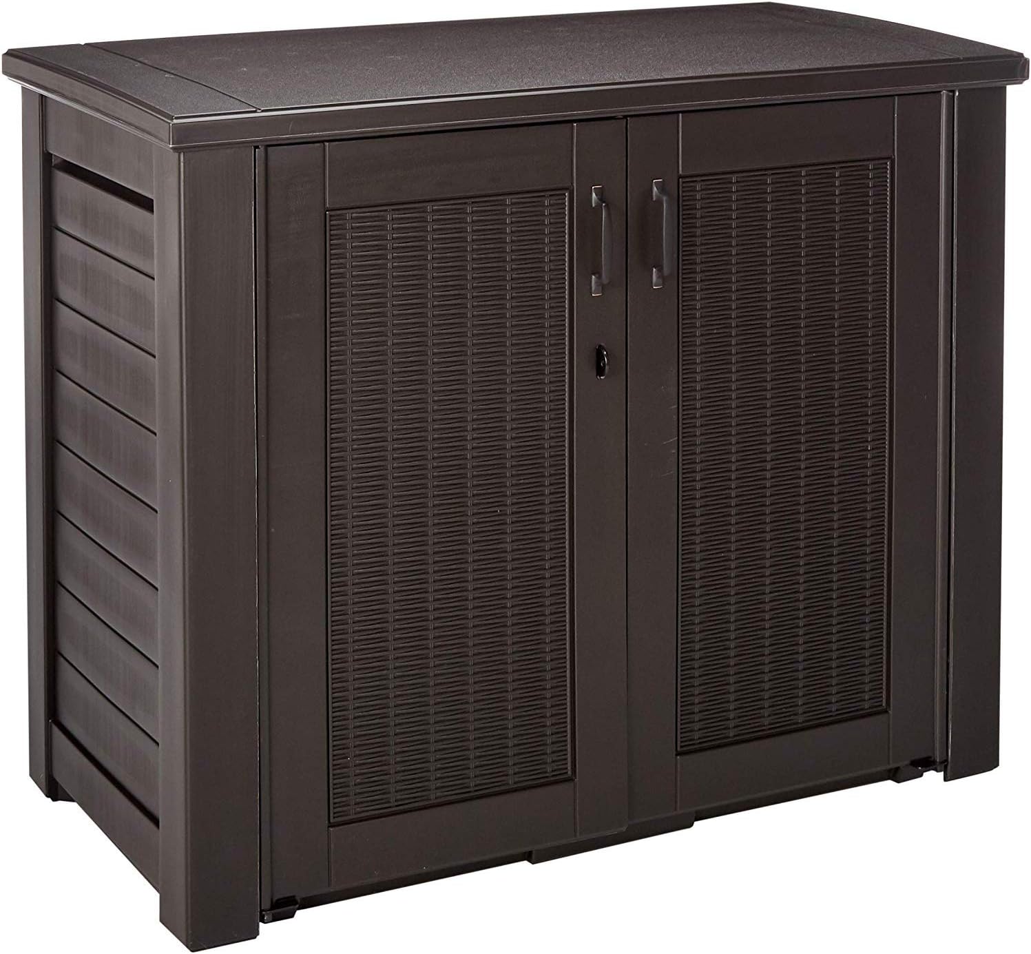 Rubbermaid 123 Gal Outdoor Storage Cabinet and Suncast 33 Gallon Resin Outdoor Trash Can Bundle