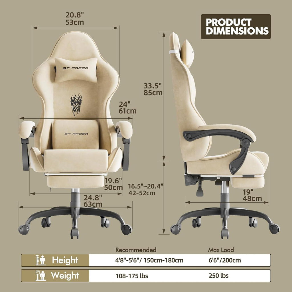 Huracan Velvet Fabric Gaming Chair with Footrest for Adults, Ergonomic Gaming Chairs with Massage Lumbar, Reclining Racing Computer Chair with Spring Cushion for Home Office Video Game, Beige