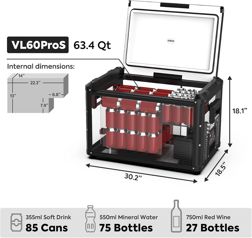 ICECO VL 60 PRO 63Quart Portable Refrigerator with SECOP Compressor, 12 Volt Freezer for Car, Home, Camping, RV, 0°F to 50°F, 12/24V DC, 100/240V AC & 12V DC Power Cable For Car Use