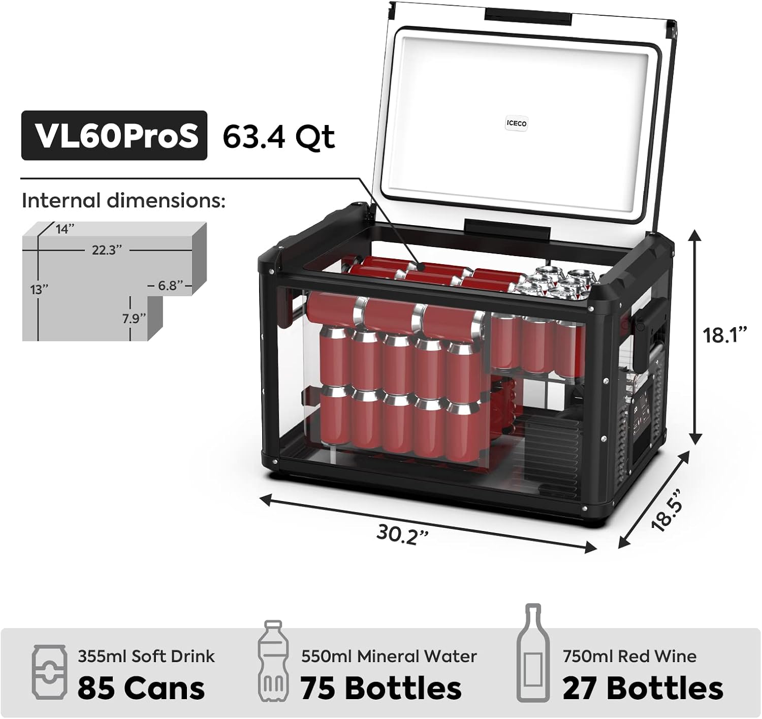 ICECO VL 60 PRO 63Quart Portable Refrigerator with SECOP Compressor, 12 Volt Freezer for Car, Home, Camping, RV, 0°F to 50°F, 12/24V DC, 100/240V AC & 12V DC Power Cable For Car Use